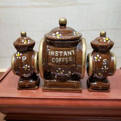 Davar Pottery Instant Coffee Sugar Bowl & Salt Pepper Shakers 1950's