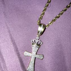 Real Gold Diamond Cross 24 Inches Rope Chain 