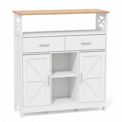 New white / vintage wood coffee bar cabinet with storage