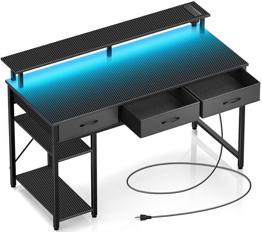 Rolanstar Computer Desk with Power Outlets & LED Light, 47 inch Home Office Desk