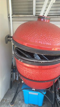 Red Ceramic Kamado Charcoal Grill on Stand