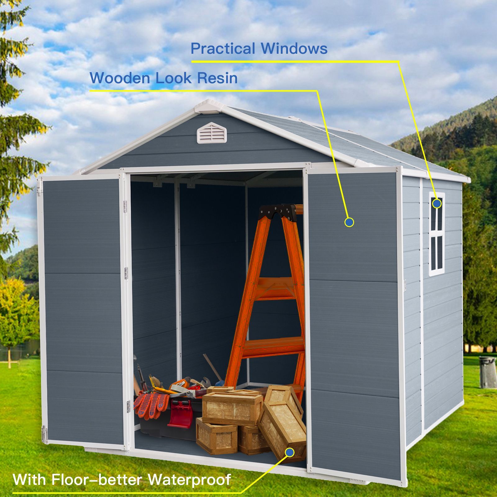 6 ft x 8 ft Resin Outdoor Storage, Plastic Garden Sheds with Floor and Lockable Door for Backyard, Lawn, Grey (W540S00021)