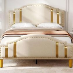 Stylish beige and gold bed frame with a modern design.with mattress