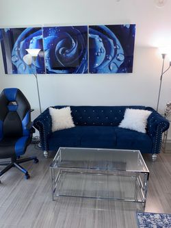 Royal Blue Velvet Sofa – Crystal Tufted – Excellent Condition