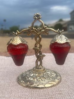 Rare Vtg 1940s Japan Hanging Strawberry Salt Pepper Shakers Zinc Stand CADMIUM UV Glow Glass Cottagecore