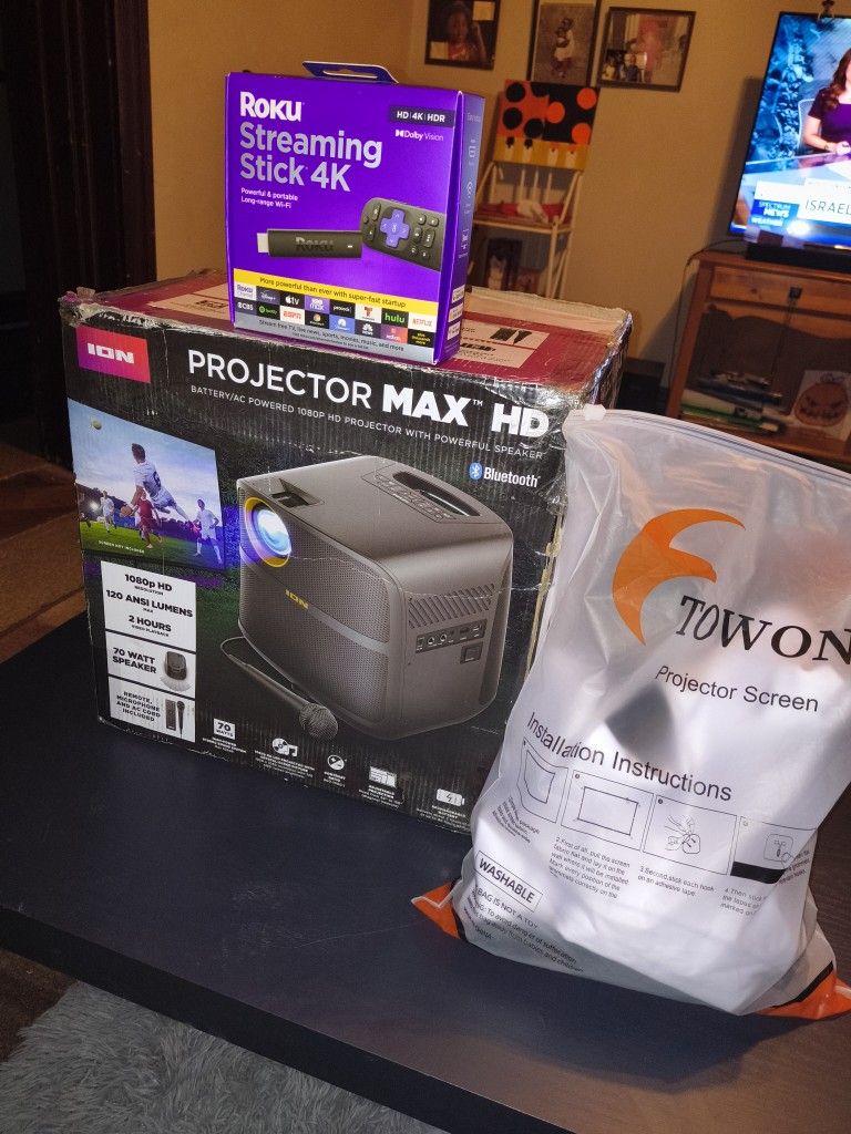 ION Audio Projector Max HD Projector with Crystal-Clear 1080p HD Video and 70-Watt Sound System Set.