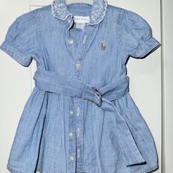 Ralph Lauren Light Blue Denim Dress with Lace Collar Ralph Lauren Size: 0-3Months