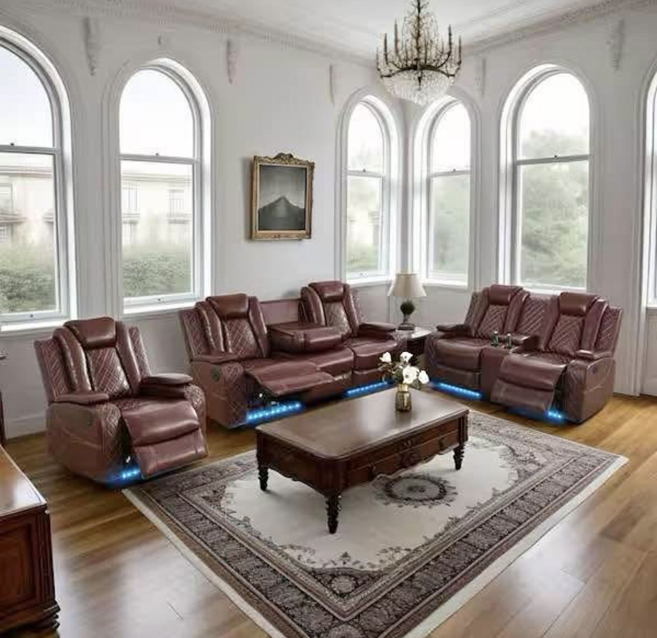 Power Electric Brown Leather Fully Reclining Three Piece Couch Set