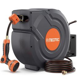 Upgraded Retractable Garden Hose Reel 1/2 inch x 155 ft 9 Pattern Nozzle Heavy Duty Metal Bracket Wall-Mounted Any Length Lock Automatic Slow Return 1