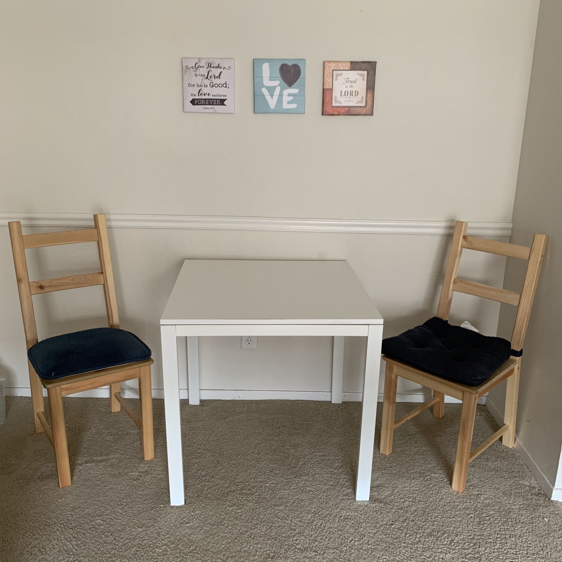 Dining Table & 2 Dining chairs, Pine wood; free 2 chair pads