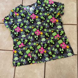 Woman’s Disney Scrubs Tunic Style Top Irish Theme Mickey & Minnie