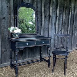 Vintage Farmhouse Vanity with Swivel Mirror and Chair