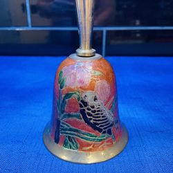 Vintage Solid Brass Enamel Bell With Birds And Florals 