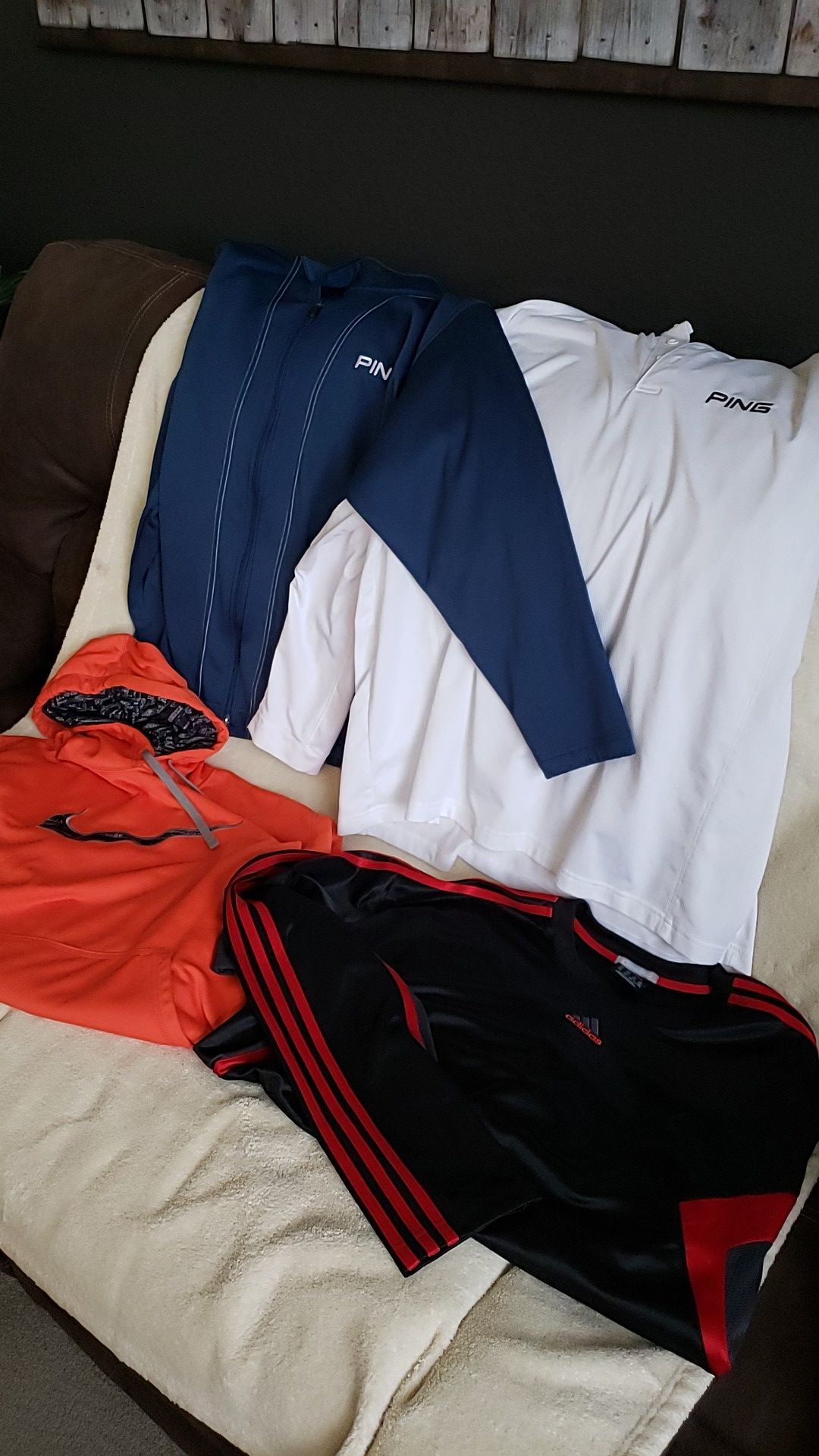 Nike, PING, and Adidas 2XL shirts,jackets and hoodie