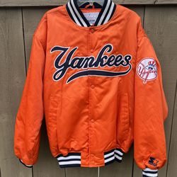 Rare Authentic New York Yankees NYY Bomber Snap Button Orange Jacket Size Large