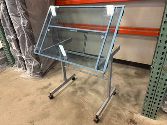 Adjustable Rolling Glass Top Drafting Table with Metal Base