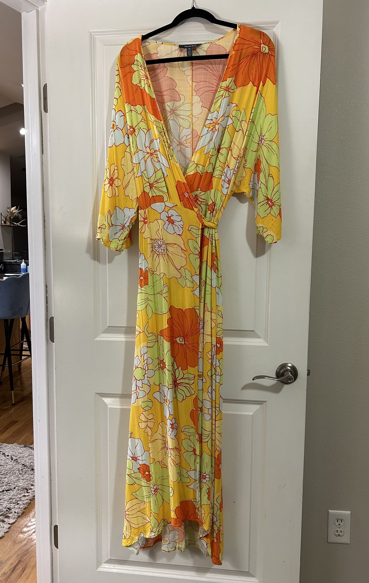 Bright Orange And Yellow Wrap Dress, Maxi, Size XL