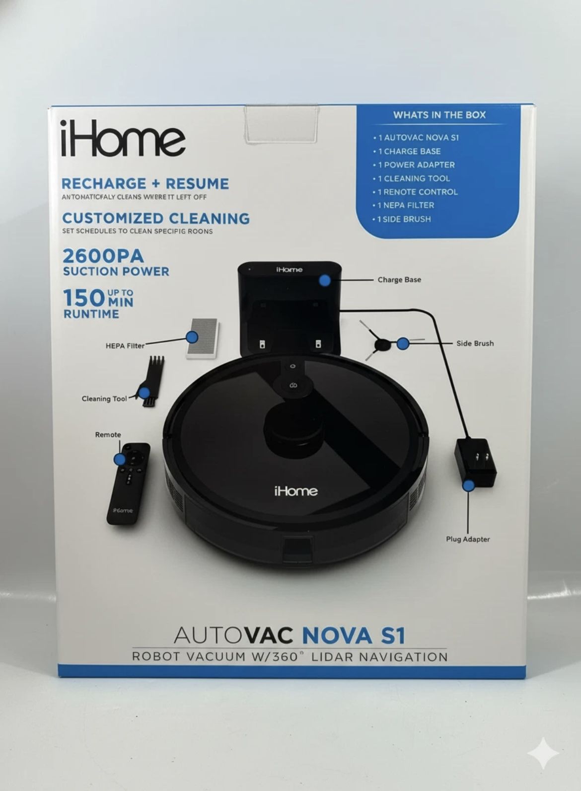 Brand New 2 Piece  iHome AutoVac Nova S1 Robot Vacuum with LIDAR Navigation, 150 Min Runtime, 2700p
