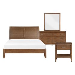 Brand New Walnut Finish Queen Platform Bedframe + Dresser + Mirror + Nightstand 4PCs Bedroom Set