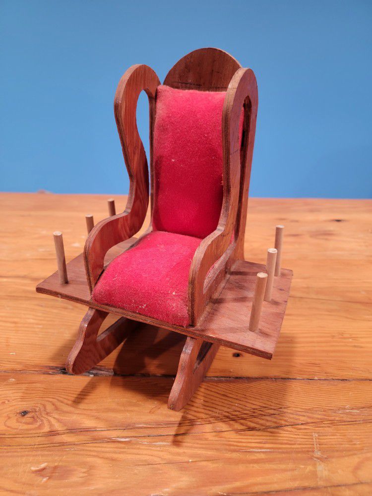 Vintage Wooden Rocking Chair Pin Cushion Spool Holder - Sewing, 10" Tall