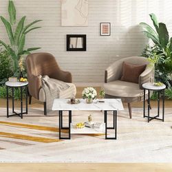 Coffee Table Set of 3, Faux Marble Coffee Table with 2 Round End Side Tables, Modern Living Room Table Set with Metal Frame for Apartment Home Office，