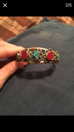 Sterling silver bracelet cuff with coral and turquoise stones