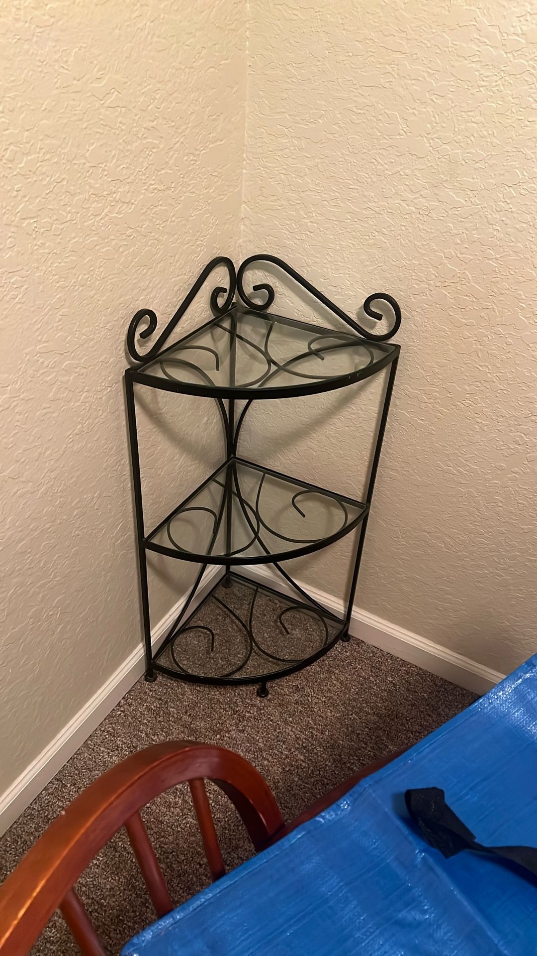 Wrought Iron & Glass Three-Tier Corner Shelf