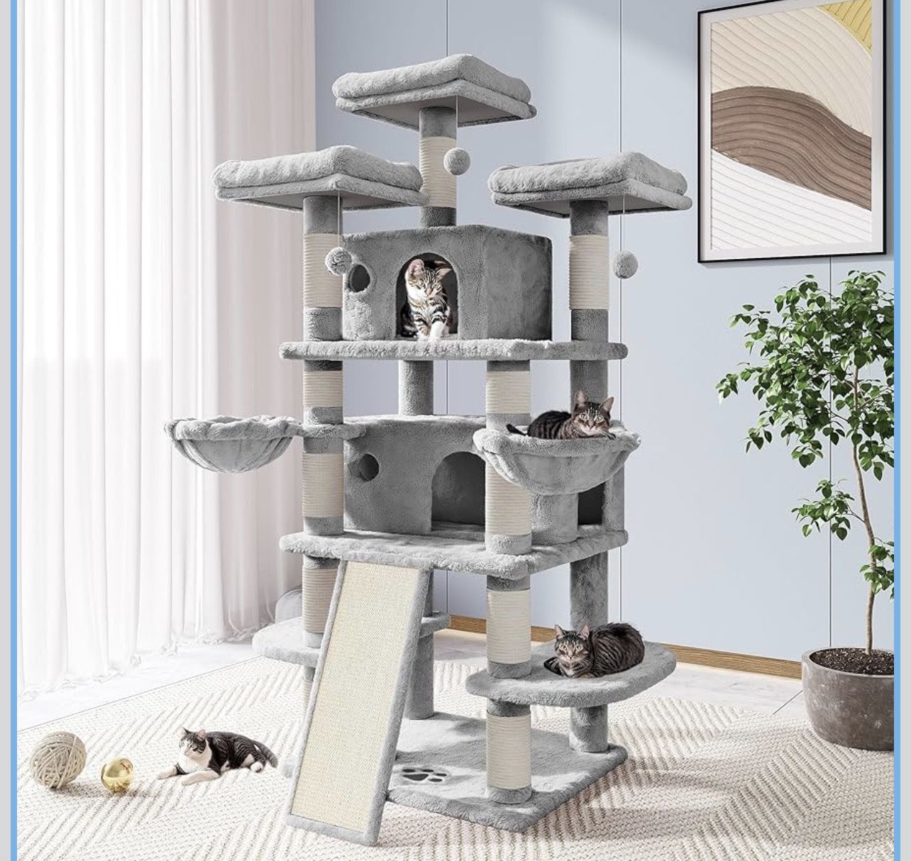 68 Inches Cat Tree/House and Towers for Big Feline/Scratching Post/Multi-Level Large Kitty Climbing Tree with Condo/Light Grey