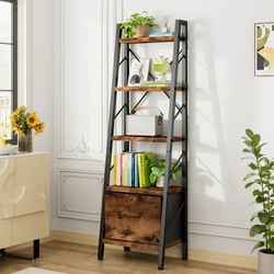 Ladder Bookshelf Organizer, Solid Rubberwood Frame, Espresso Finish, 16.7" D x 12" W x 55.7" H