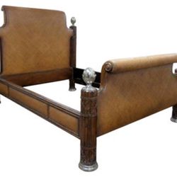 3 PIECES LISTED.  Ernest Hemingway Kilimanjaro king size Bed By Thomasville.    Nightstand And Dresser With Marble Tops And Silver FEATURES