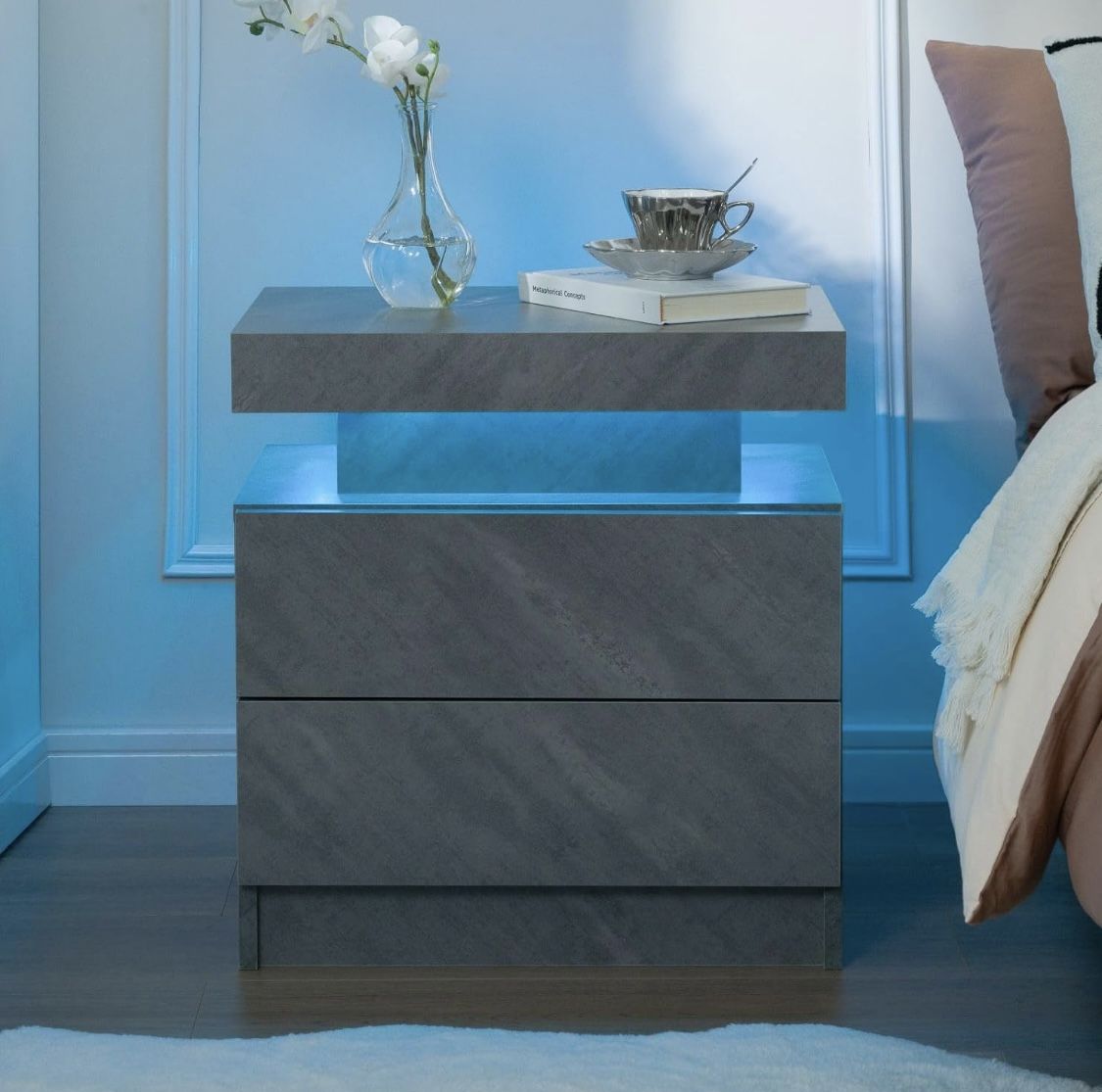 Grey Night Stand Modern Bedside Tables with 2 Drawers Bedroom Night Stand Set of 2 LED Night Stand for Bedroom, Living Room