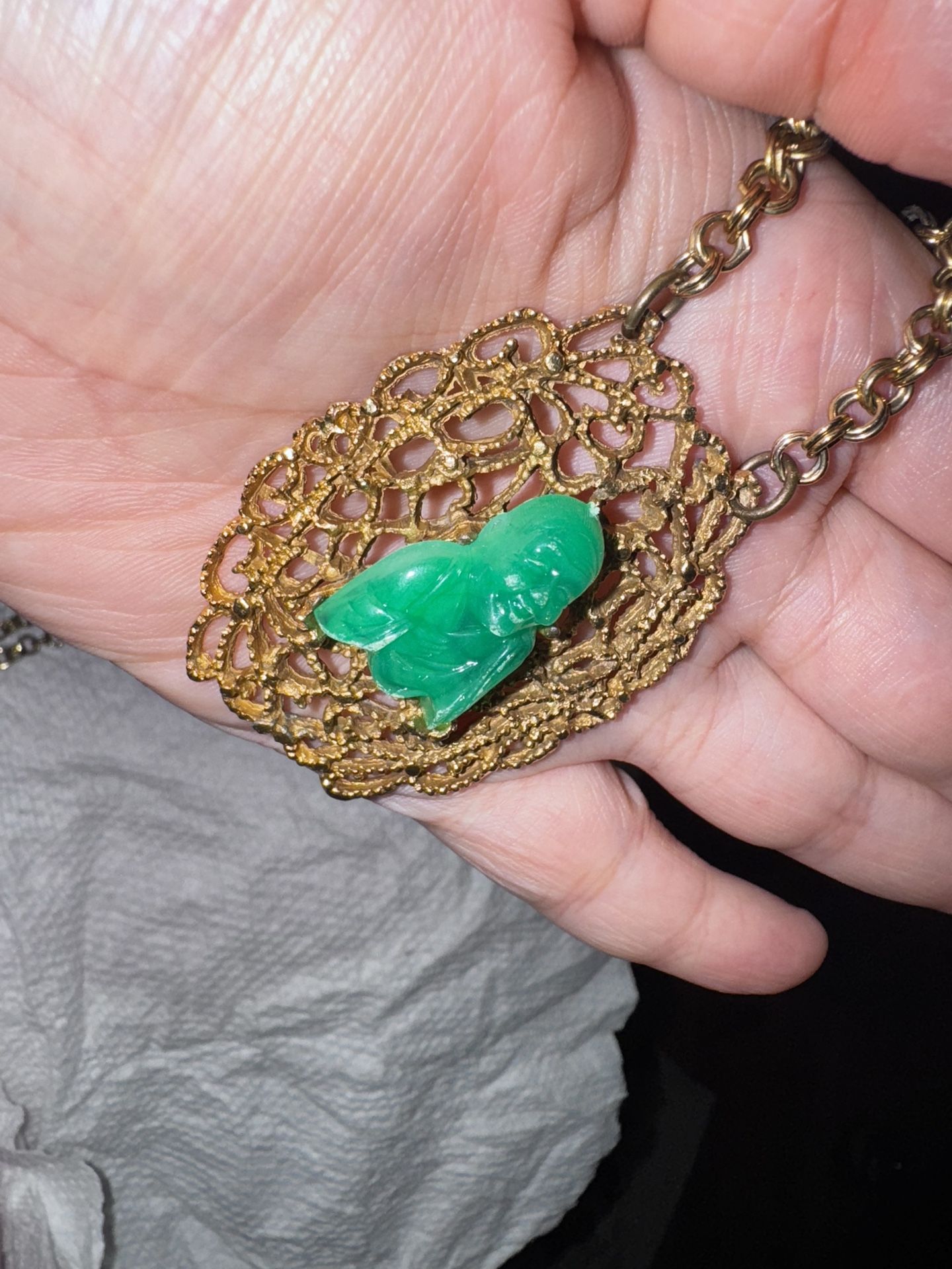 Vintage Avon Buddha Necklace – Gold Filigree & Green Resin – 1970s Statement Jewelry