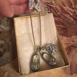 Silver tone brooch with blue rhinestones dangling shoes charms and heart charm brooch pin, 