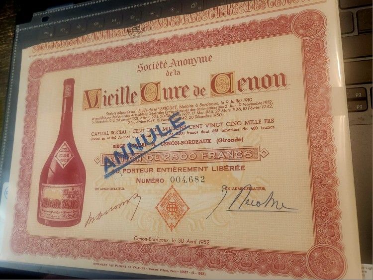 1952 French Stock Certificate Re: Liqueur 