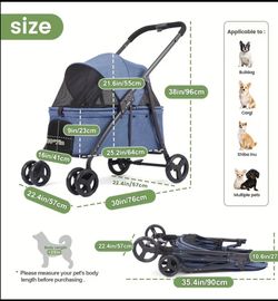Blue Pet Stroller with Canopy and 4 Wheels
