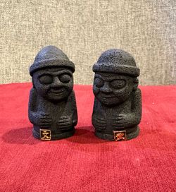 Vintage Korea Jeju Island Lava Rock Dol Hareubang Stone Statues Pair (Wen & Wu)