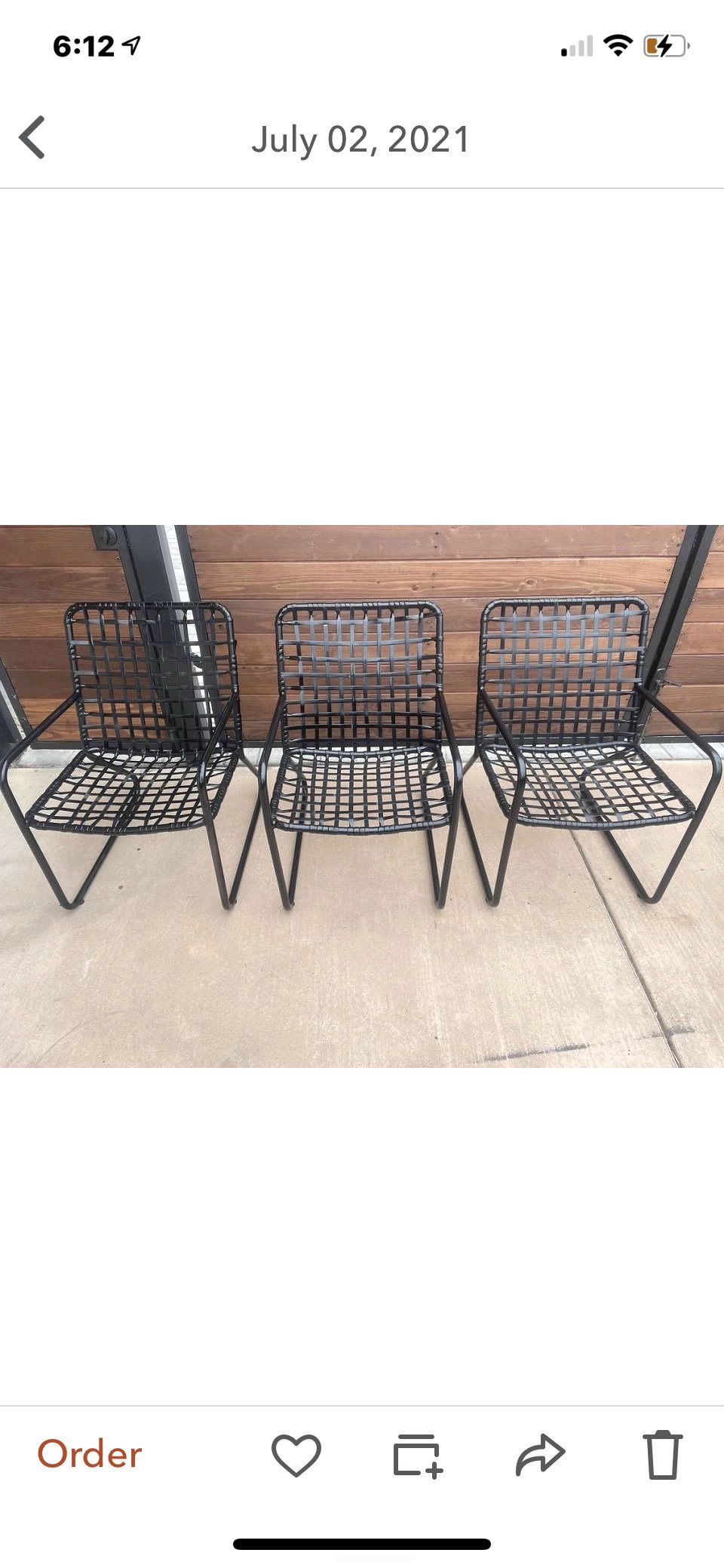 Set of three brown Jordan outdoor patio chairs vantage
