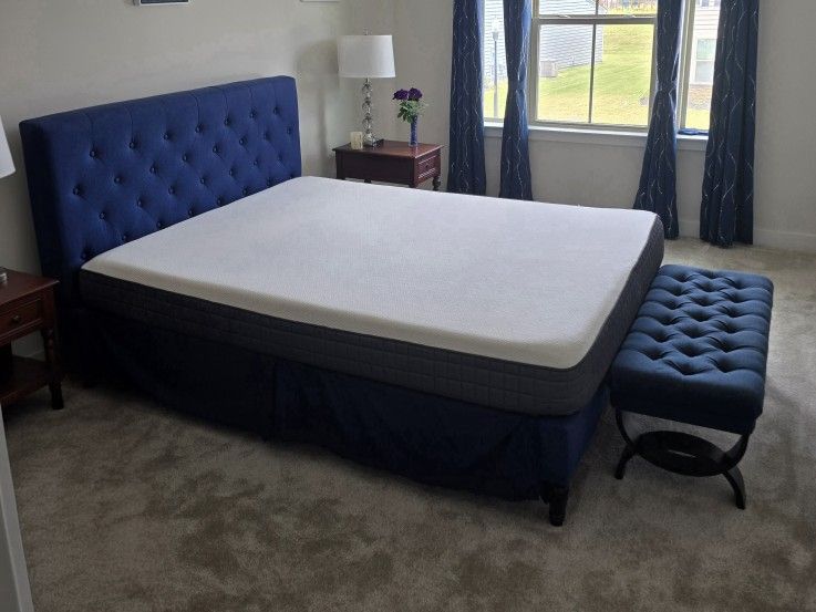 Blue Upholstered Bed Frame and Bench