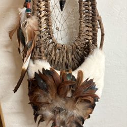 Handmade Native American Feather Fur Wooden Papoose Basket  Wall Decor