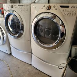 Whirlpool Duet Front Loading Washer And Stackable Gas Dryer Set With Pedestals 