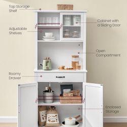 71-Inch Tall Kitchen Pantry Cabinet with Lights and Charging Station, Coffee Bar Cabinet with Doors and Drawer, Farmhouse Style, Adjustable Shelves, C