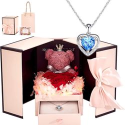 New In Box Preserved Rose Moss Bear with 925Silver Heart Necklace-LED Light Gifts for Mom,Wife,Girlfriend on Valentine's Day,Mother's Day,Birthdays