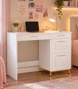 43 Inch Small Desk with Storage
4 Storage Drawers, Golden Handles, Computer Desk with Storage,