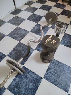 Curl bar with weights and dumbbells