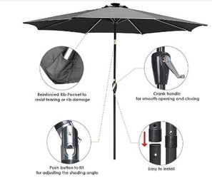 10Ft Solar Powered LED Light Bar Patio Umbrella with Tilt and Crank for Outdoor Garden Yard Deck Market Table in Black Color - Independence Day Sale