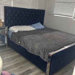 Navy blue velvet diamond bed platform King size