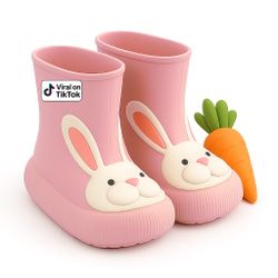 Toddler Premium Kids Rain Boots for Boys, Girls with Non-Slip Soles, EVA Outdoor Shoes, Rabbit pink