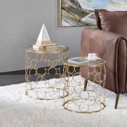Set Of 2 Nesting End Tables Gold With A Tempered Glass Top Brand New In Box Firm Price $280