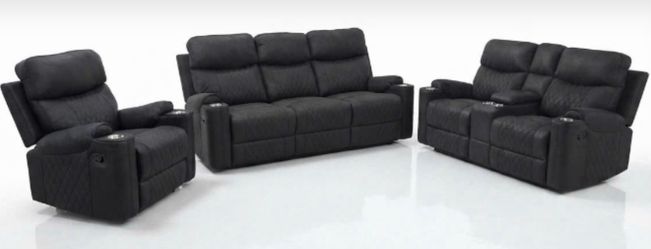 BLACK 3 PC MANUAL RECLINE SOFA SET