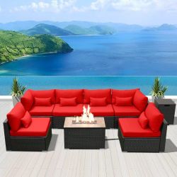 Outdoor Patio Furniture Set Wicker Rattan Patio Conversation Set with Fire Pit Table Sectional Sofa 